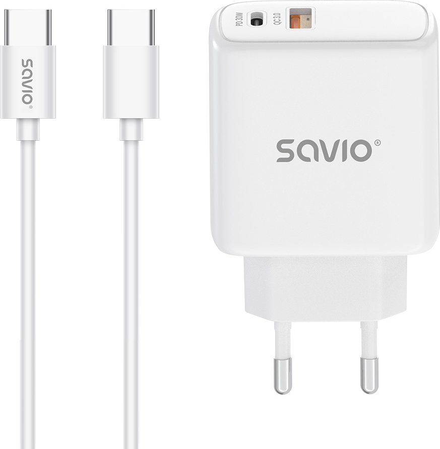 SAVIO LA-10 Ładowarka sieciowa 30W Quick Charge, Power Delivery 3.0, Biała + Kabel