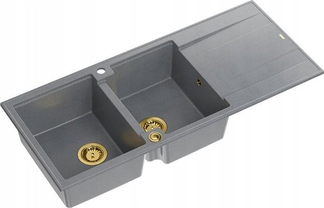 Zlewozmywak GraniteQ EVAN 121 zlewozmywak z syfonem Push To Open 2-komorowy z/o (1160x500x210; kom. 420x340) silver stone / elementy złote