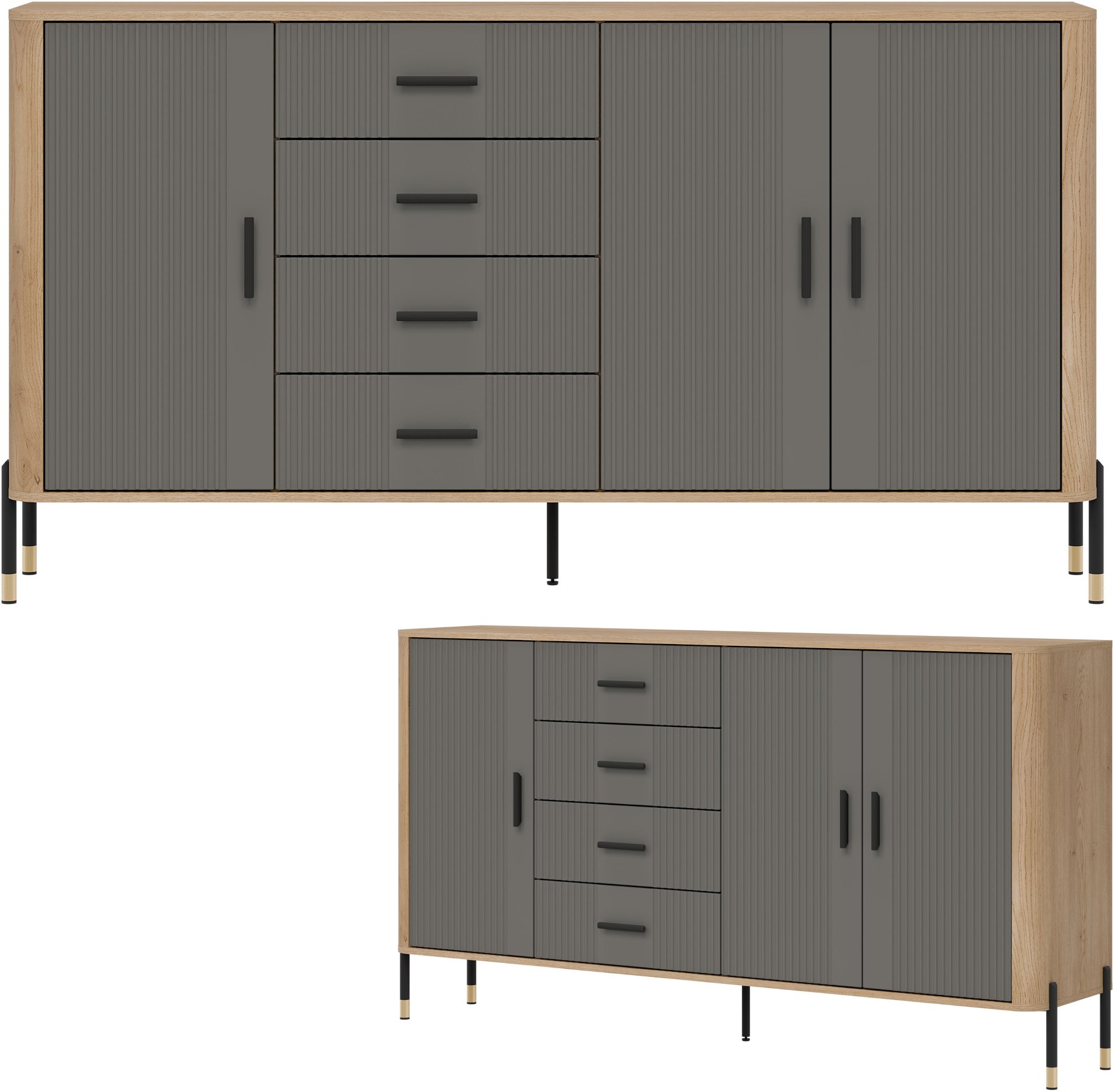 Komoda Szafka trzydrzwiowa z 4 szufladami Dąb Szary Czarny DANTE DT10