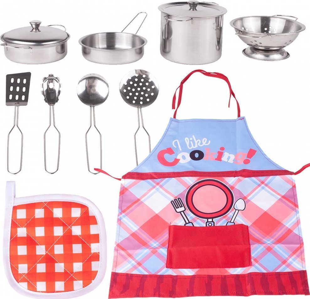 MalPlay Zestaw Kuchenny Metalowych Garnków i Akcesorii + Fartuch