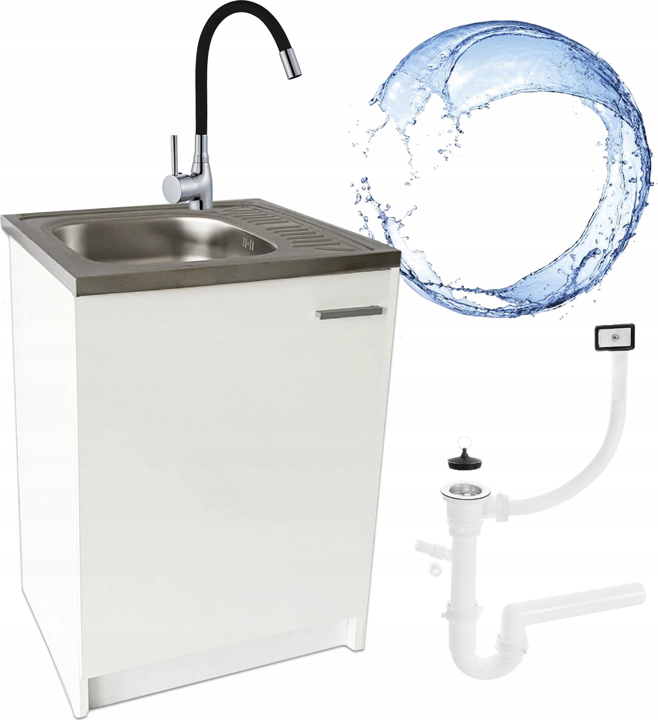 Stamar Biała Szafka Kuchenna Slim 60 Zlew Deante Bateria Elastyczna Czarna Syfon