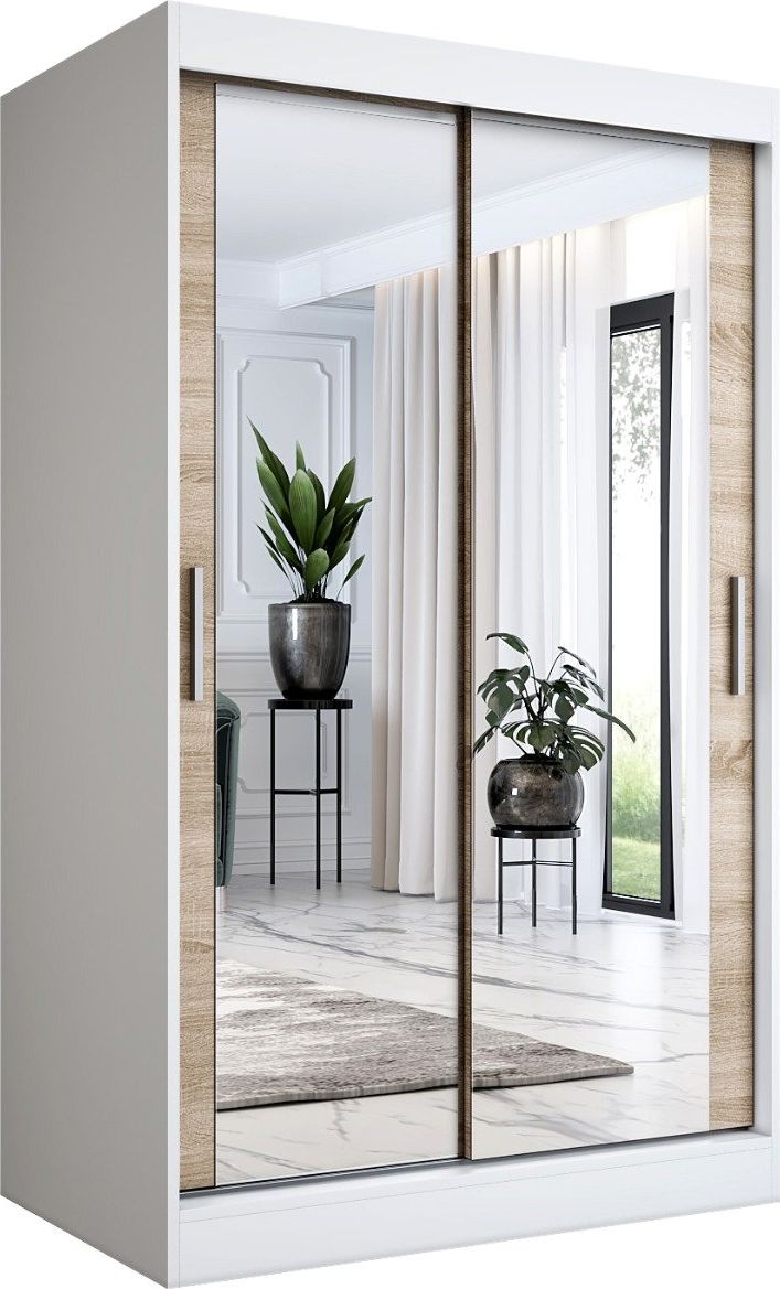 MKPOL Szafa przesuwna MODUO COMFORT 120 biała mat/dąb sonoma z dwoma lustrami