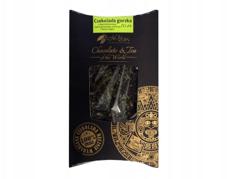 M.Pelczar Chocolatier Gorzka czekolada z karmelizowaną esencją zielonej herbaty i liśćmi mięty 85g