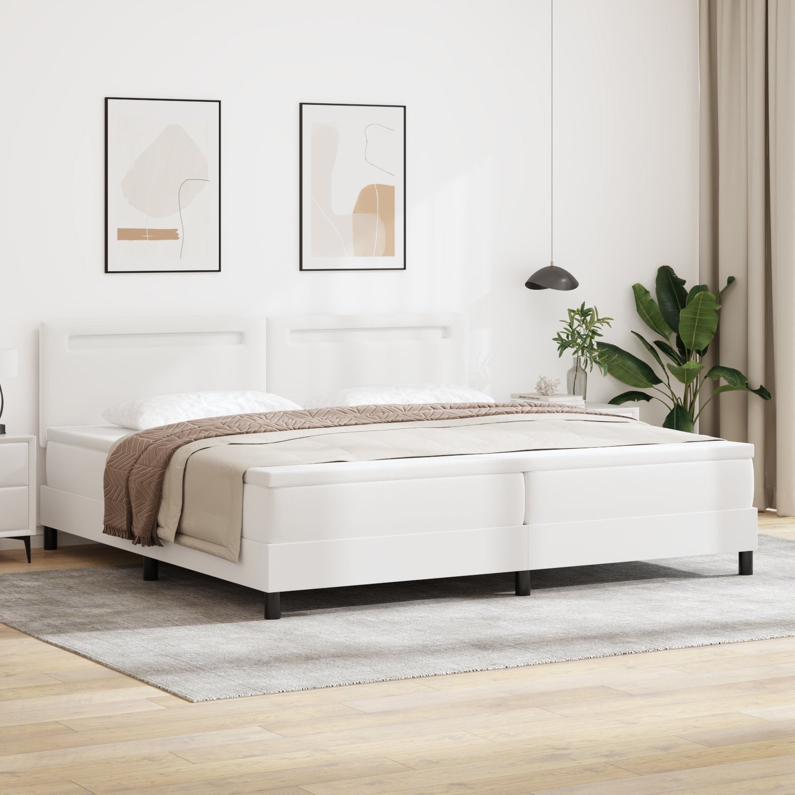 Łóżko Box Spring z Materacem Białe 200x200 cm Sztuczna Skóra, Wezgłowie Prosty Design Czysta Biel 200 cm Sztuczna Skóra