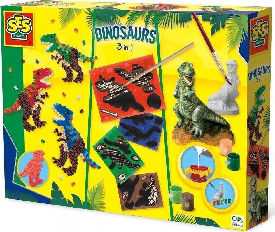 SES Odlew gipsowy 3w1 Dinozaur, koraliki, zdrapywanka