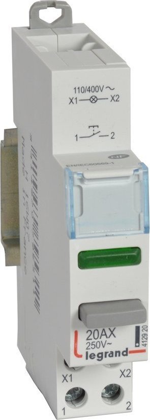 Legrand Łącznik przyciskowy monostabilny 20A, NO+LED, z lampką zieloną, 110/400V
