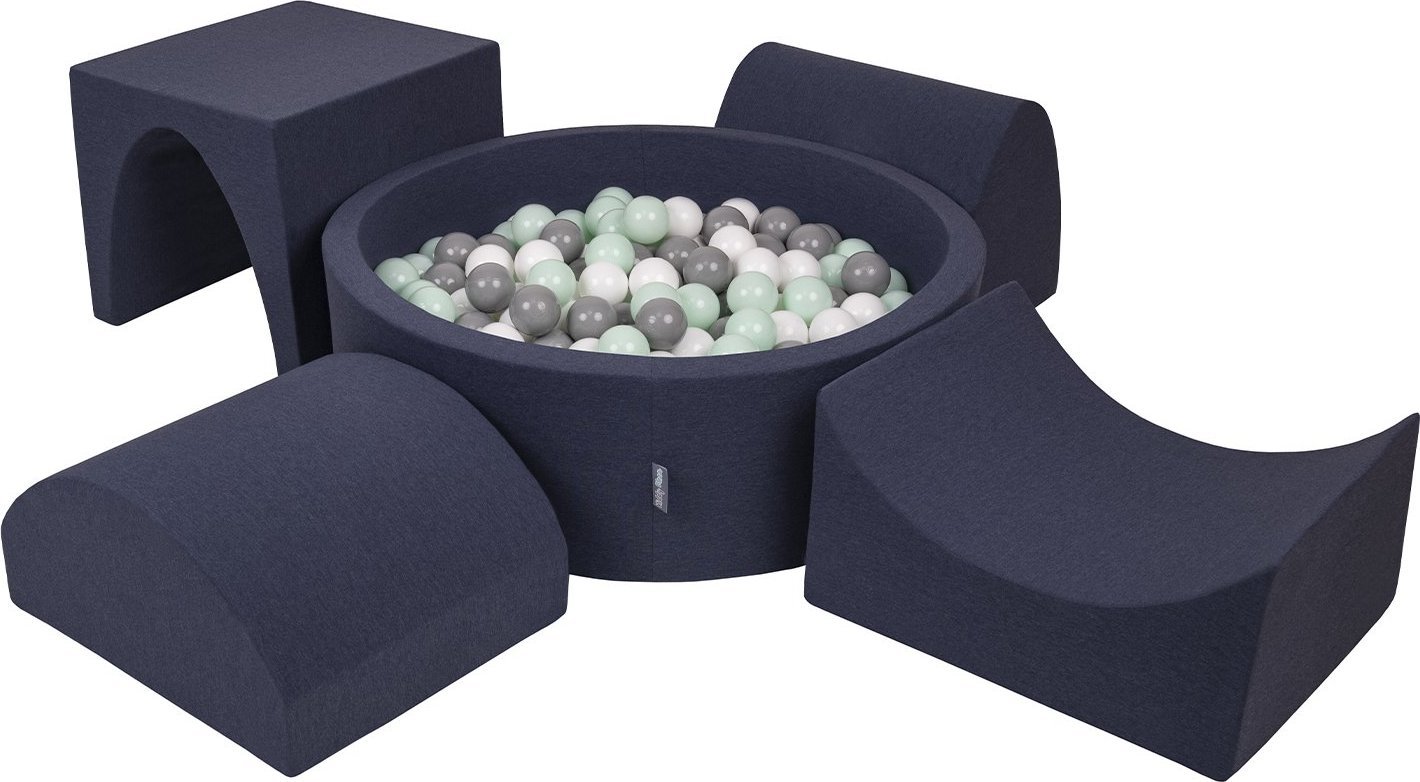 KiddyMoon KiddyMoon Piankowy plac zabaw PPZP-OK30D-135 z piłeczkami granatowy: biały-szary-mięta basen 300/górka/tunel/rampa L/półwałek L Zabawka plac