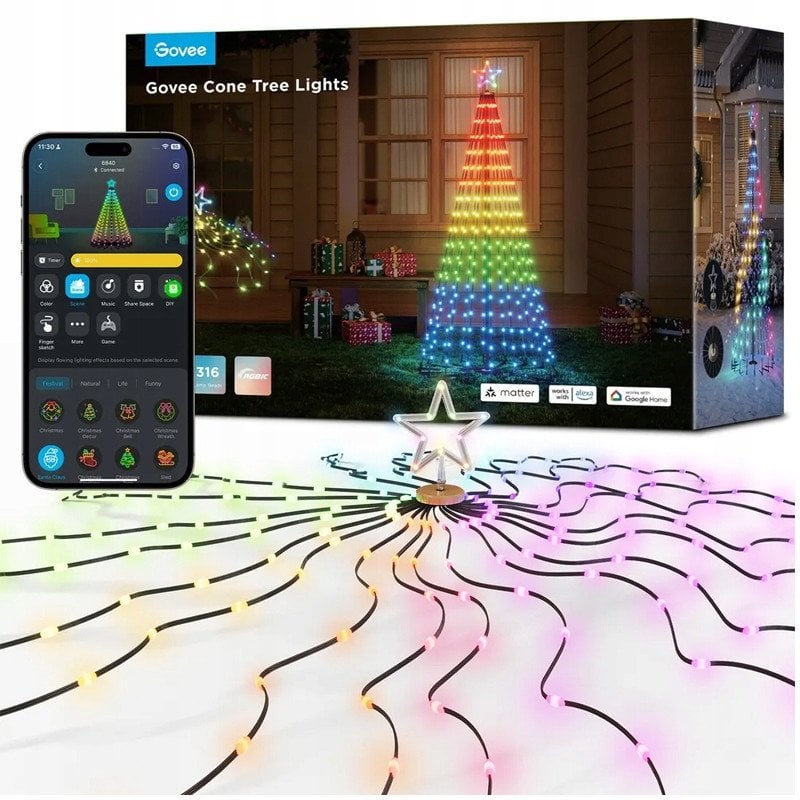 Dekoracja świąteczna Govee H6840 Cone Tree Lights | Oświetlenie LED | RGBIC, 1.82m, 2.4GHz Wi-Fi + Bluetooth