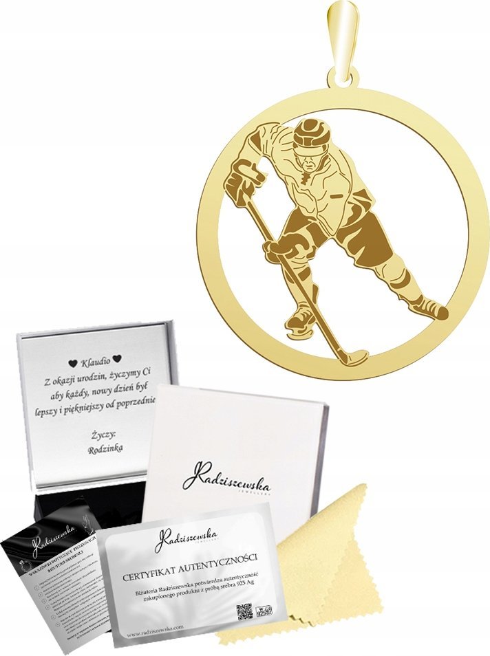 Radziszewska Jewellery Złota Zawieszka Hokeista Hokej Męska Prezent 925 GRAWER DEDYKACJA GRATIS