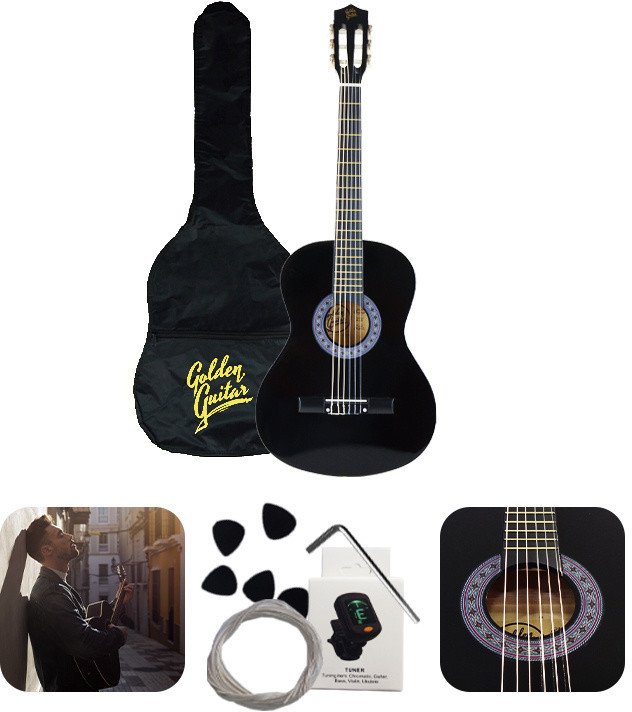 Zestaw: Gitara klasyczna 4/4 38" kolor czarny GK38BK Golden Guitar+ pokrowiec+ tuner+ struny+ kostki one size