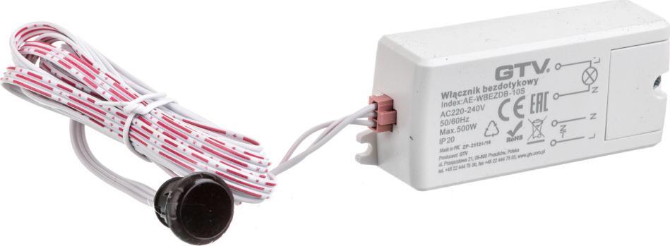 GTV Włącznik bezdotykowy jednobiegowy do drzwi przesuwnych max. 500W AC 220-240V 50/60Hz IP20 czarny sensor AE-WBEZDB-10S