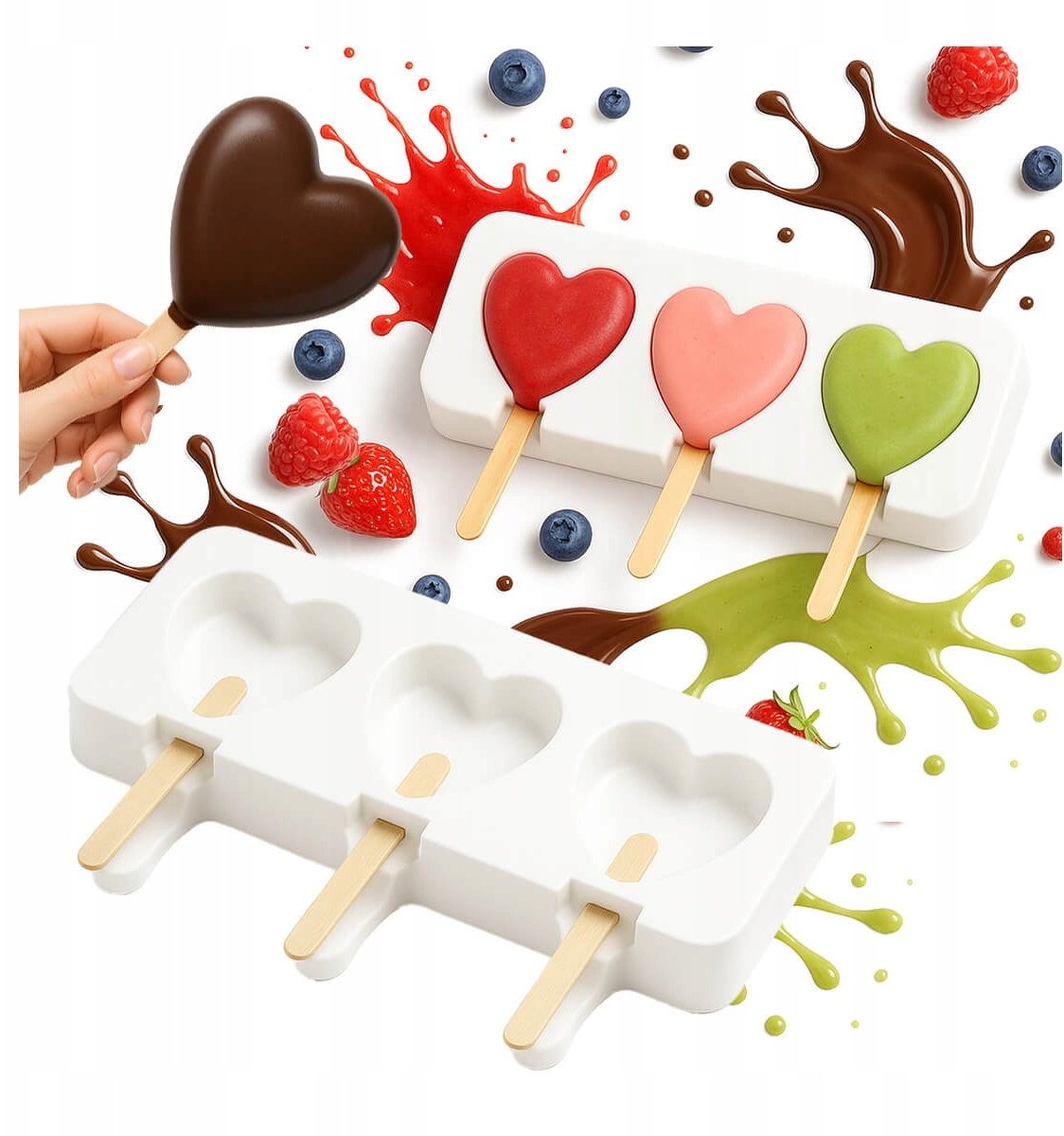 Foremka Silikonowa Do Lodów SERCE 3szt + Patyczki 50szt. DIY Domowe Lody