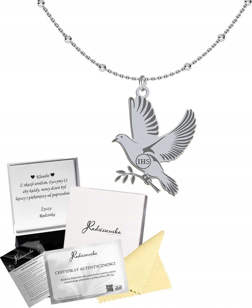 Radziszewska Jewellery Naszyjnik Srebrny Gołąb z Hostią Prezent I Komunia Święta Łańcuszek 925