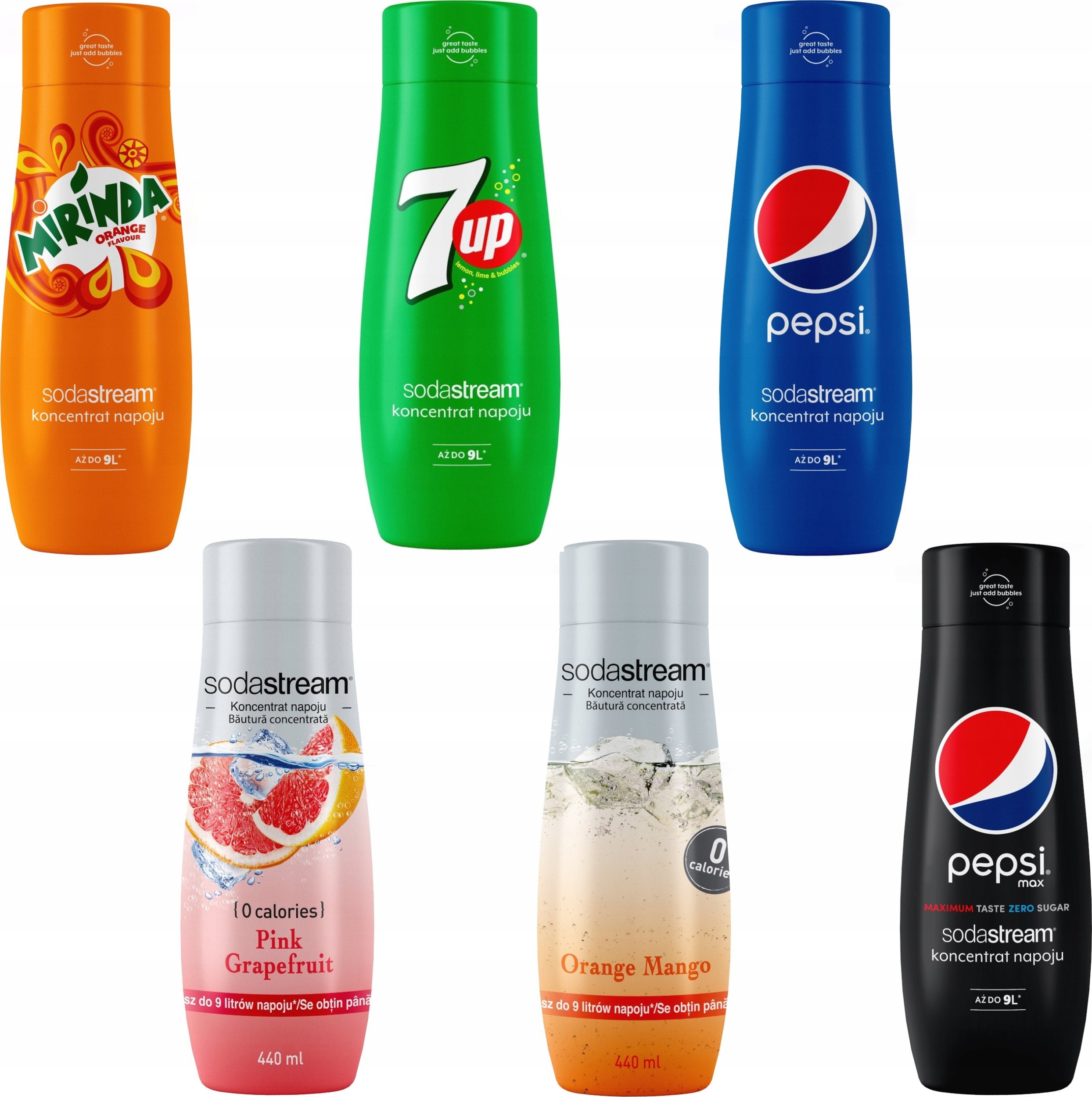 Zestaw 6 koncentratów SodaStream Pepsi+Mirinda+7UP+Grapefruit+Orange-Mango+Pepsi MAX