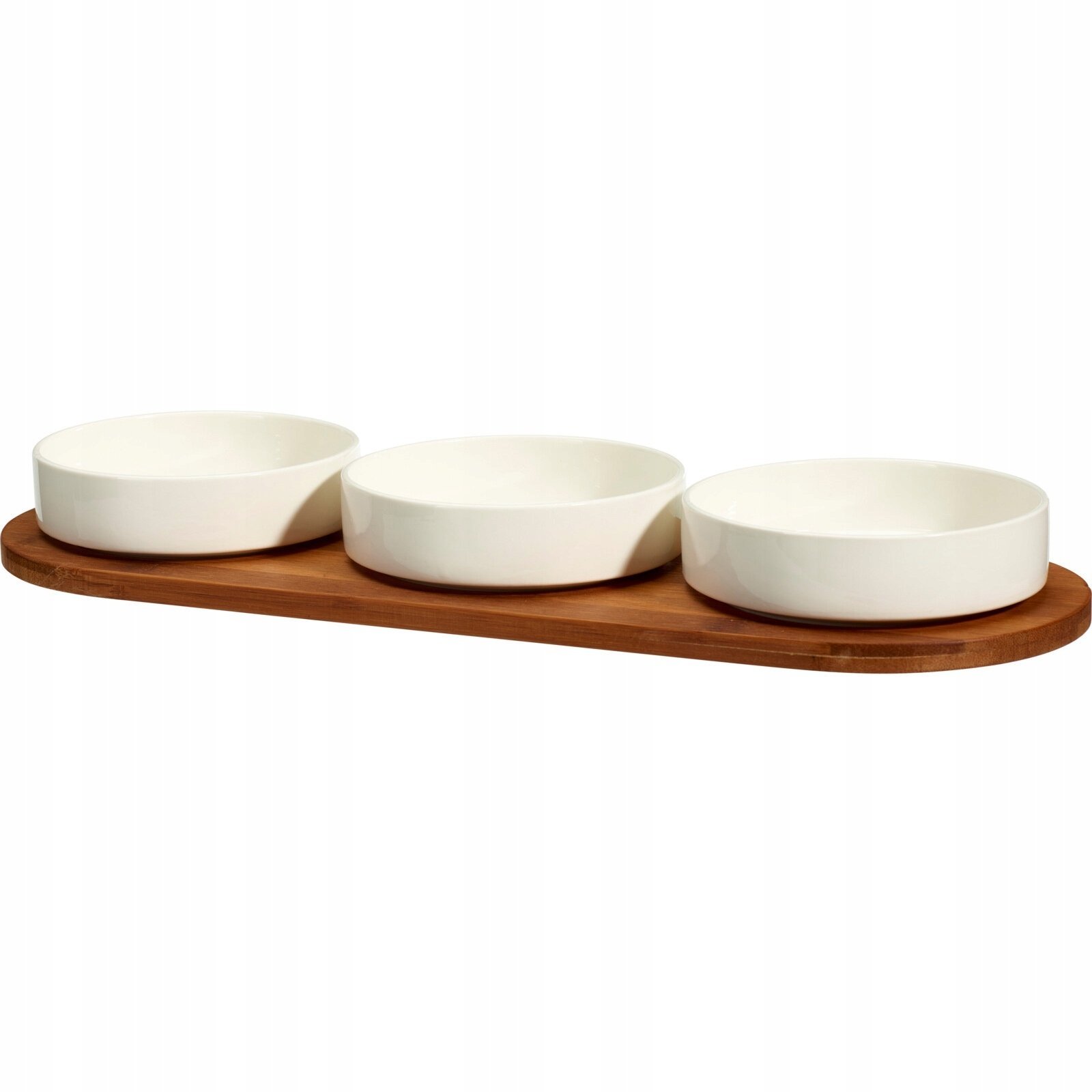 Zestaw porcelanowych miseczek do serwowania przekąsek APERIO, 3 x 390 ml, bambusowa taca