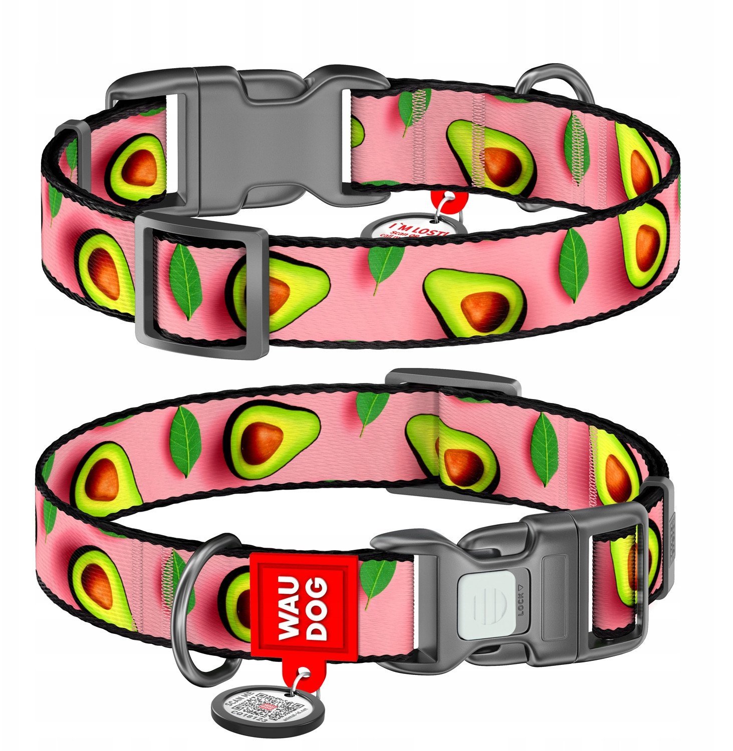 Collar WauDog Nylon Obroża nylonowa z QR-paszportem, plastikowy fastex, wzór AWOKADO NA RÓŻU, M 20mm/28-40cm