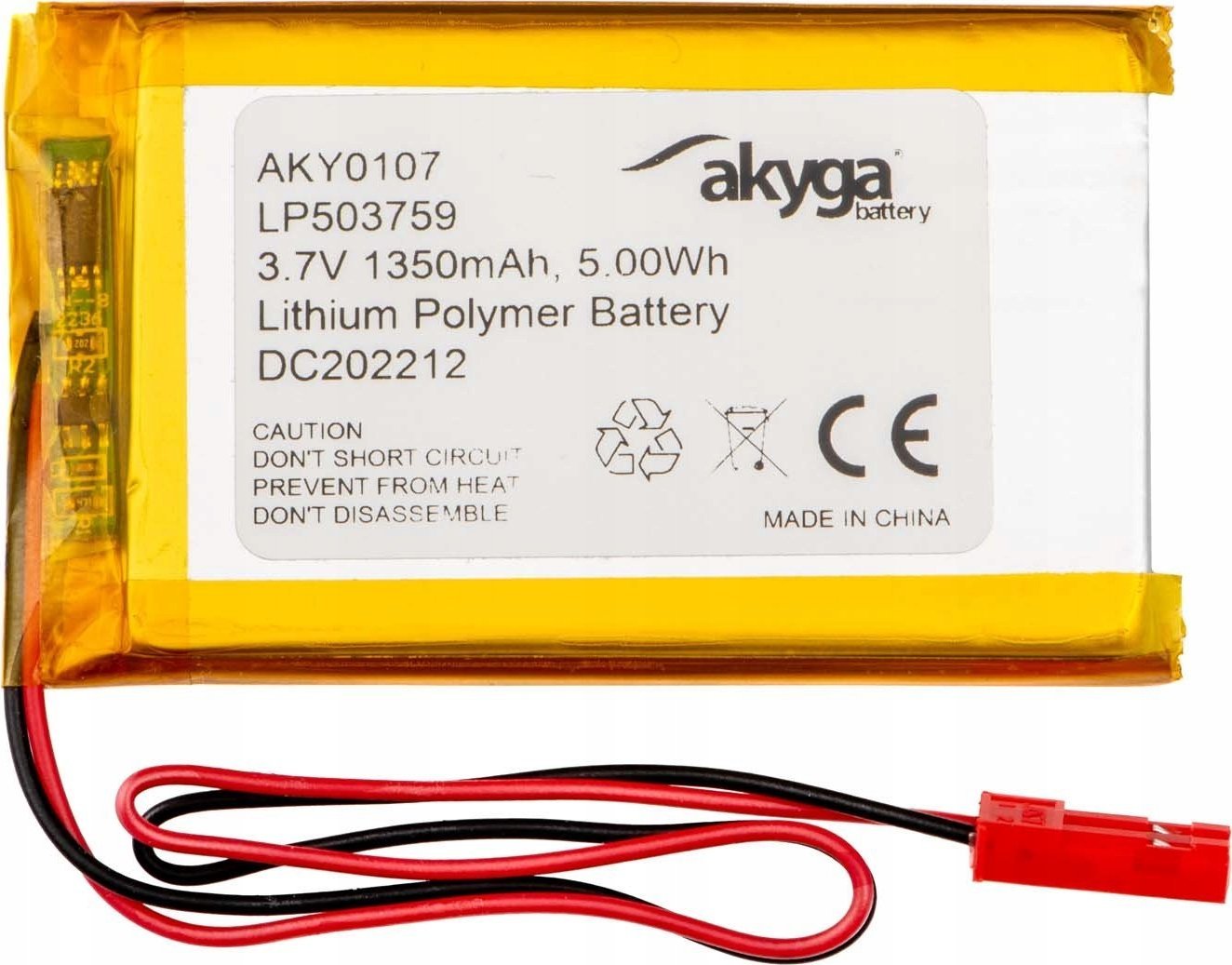 Akumulator Li-Po LP503759 Akyga AKY0107 3.7V / 1350mAh PCM złącze JST 2-Pin 150mm