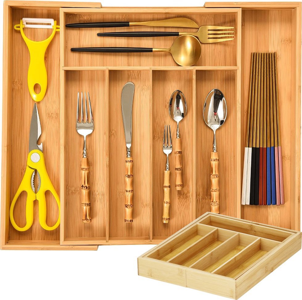 Verk Wkład do szuflady organizer kuchenny na sztućce bambus 7 przegródek 39cm l Wkład do szuflady organizer kuchenny na sztućce bambus 7 przegródek 39