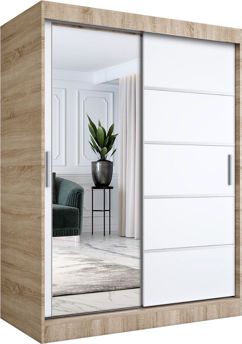 MKPOL Szafa przesuwna MODUO COMFORT 3 150 dąb sonoma/biała mat z lustrem