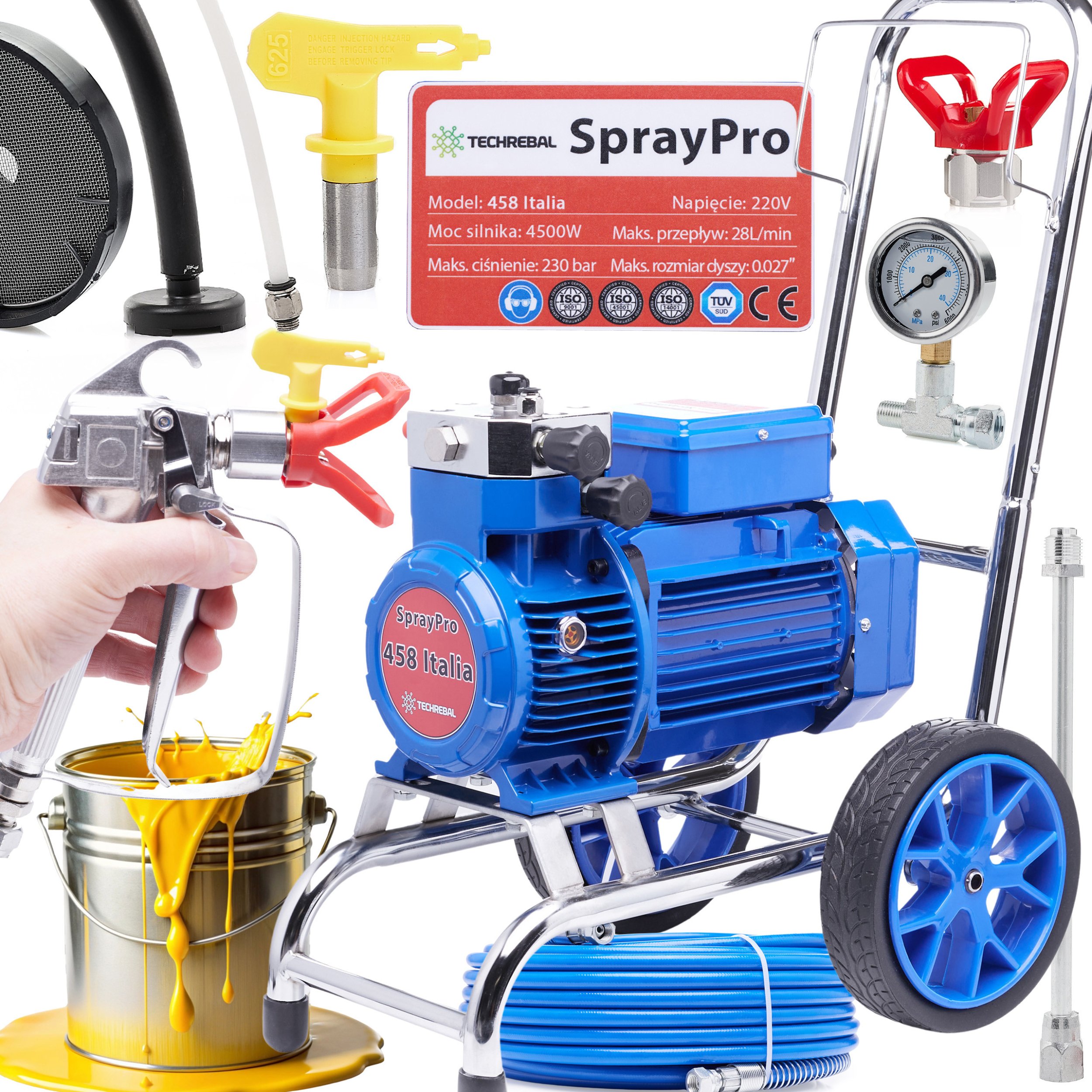 Profesjonalny Agregat Malarski do Malowania 28L/min 4500W Rama Inox Wąż 15m