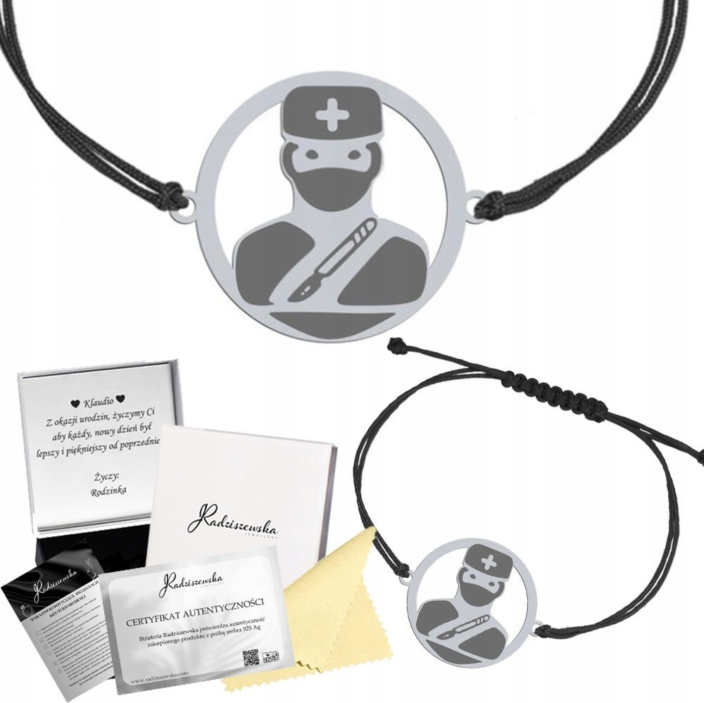 Radziszewska Jewellery Bransoletka Srebrna z Chirurgiem Sznurek Prezent Biżuteria GRAWER GRATIS