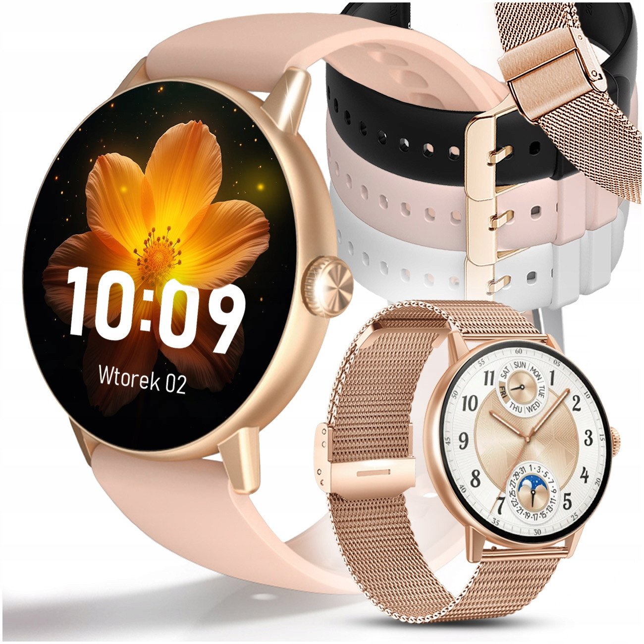 SMARTWATCH DAMSKI ZEGAREK MENU PL ROZMOWY CYKL DYKTAFON ZDJĘCIA 4 paski