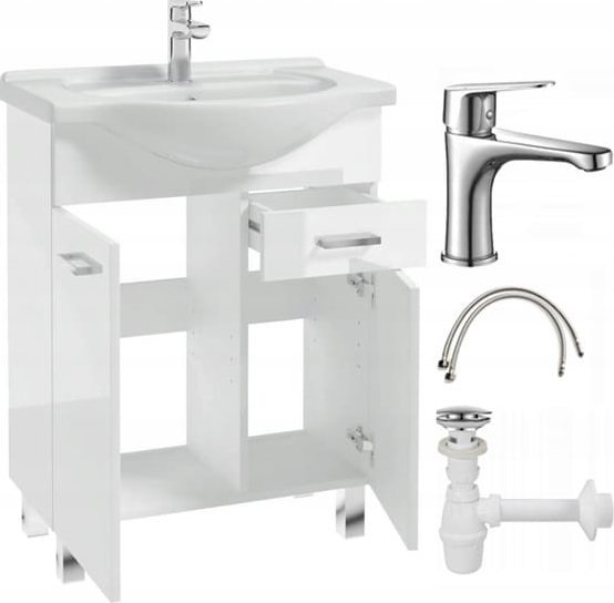 Szafka łazienkowa z umywalką na nóżkach 65x85 biały połysk + syfon +bateria