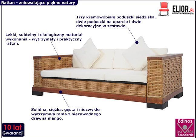 Elior Sofa Alani 3A trzyosobowa - rattan + brąz