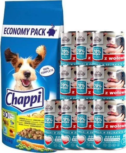 Chappi CHAPPI 13,5kg - sucha karma dla psów z drobiem i warzywami + Frendi kawałki z wołowiną 10x400g