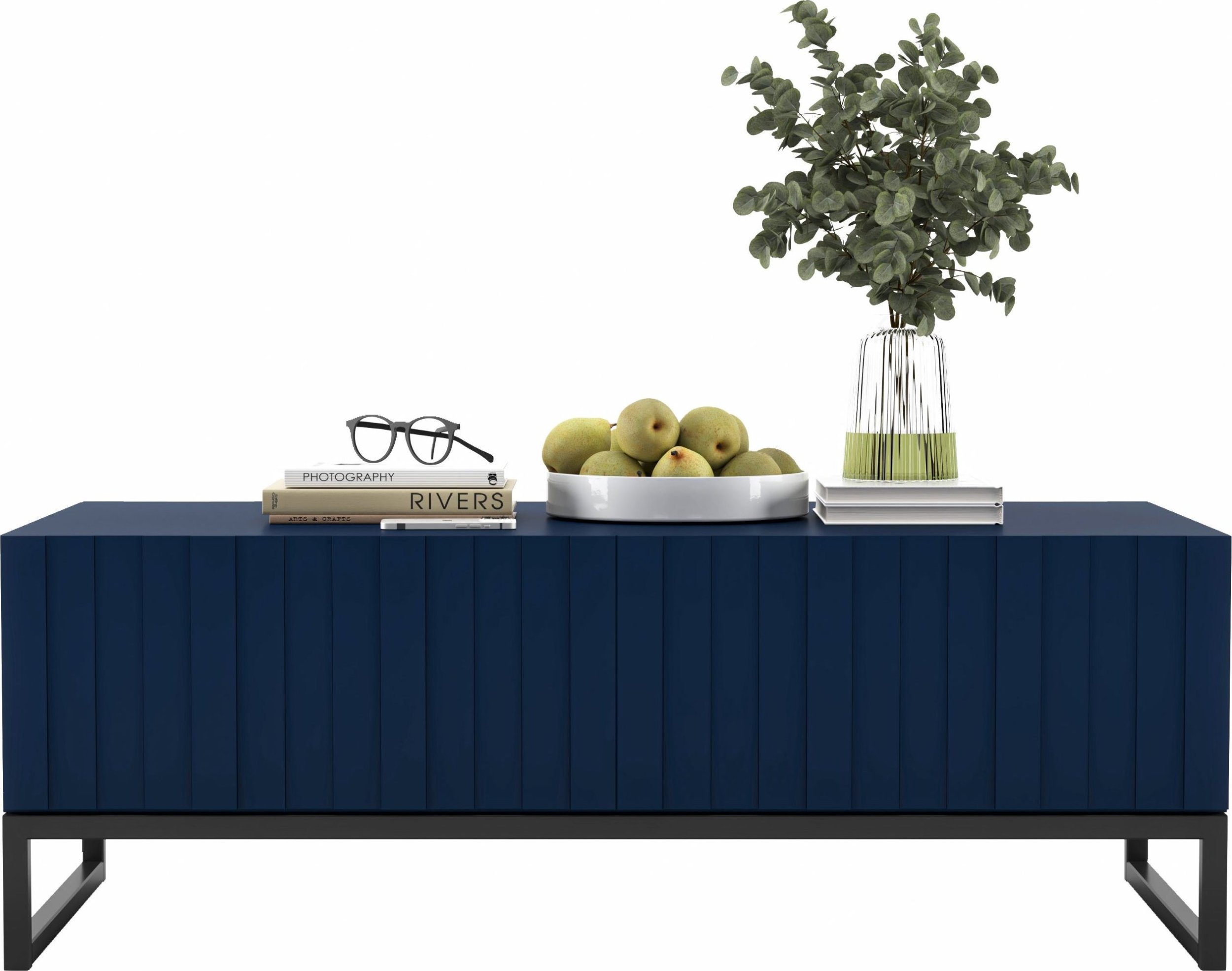 Meble Lindner Meble Lindner Stolik kawowy Glamour prostokątny nowoczesny ława Glamour granatowy Mat 110 cm Ryflowane fronty Glamour Czarna Metalowa Ra