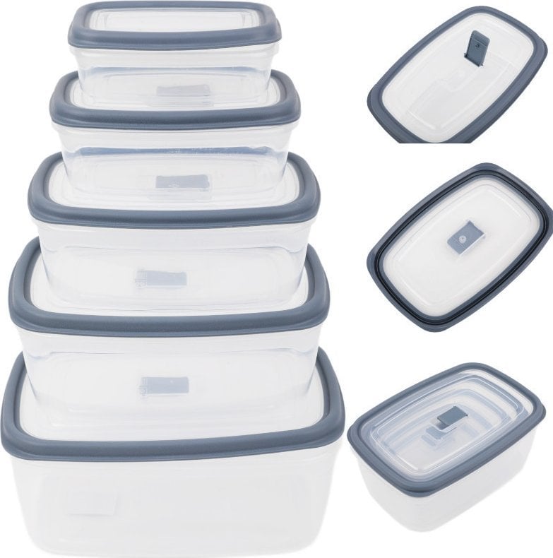 Pojemniki prostokątne lunchbox MG Home Misto zestaw 5 sztuk hermetyczne 2700/1800/1150/650/340 ml szare