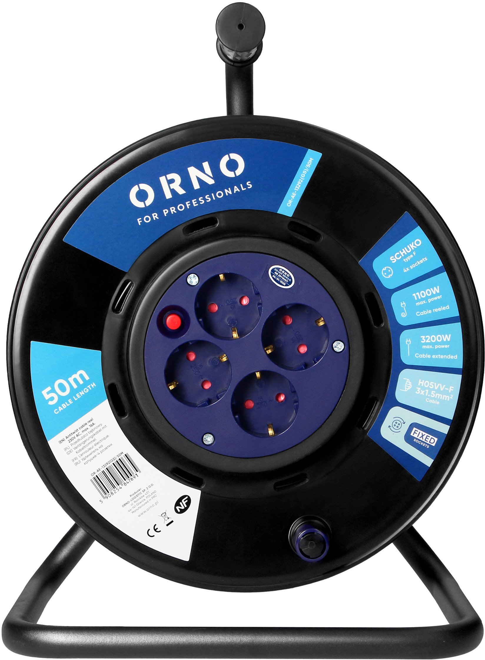 Przedłużacz bębnowy, 4 gniazda 2P+Z Schuko, kabel PVC H05VV-F 3x1,5mm2, długość - 50m, STAŁE GNIAZDA, termik, przesłony torów prądowych