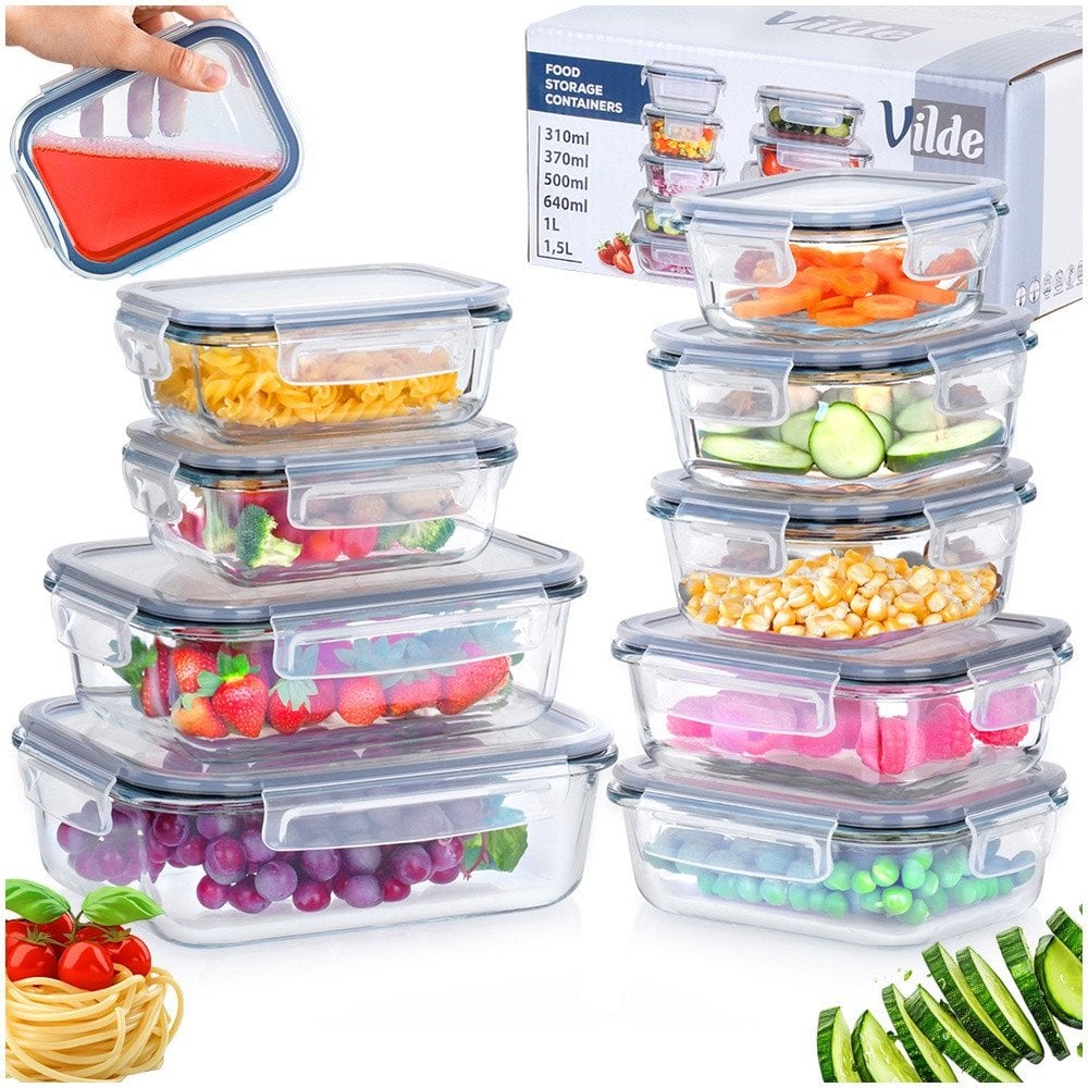Pojemniki na żywność szklane z pokrywką i uszczelką 9 szt.