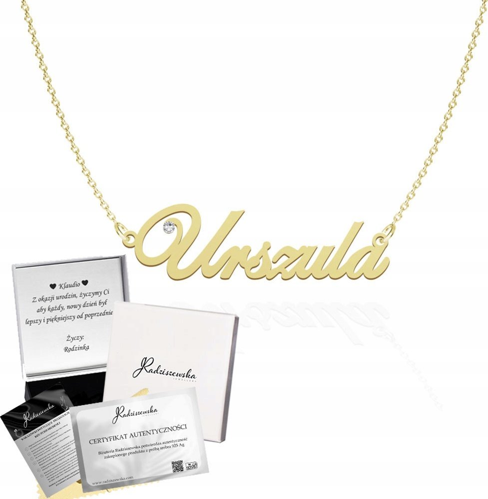 Radziszewska Jewellery Złoty Naszyjnik z imieniem URSZULA Łańcuszek SREBRO 925 TABLICZKA GRATIS