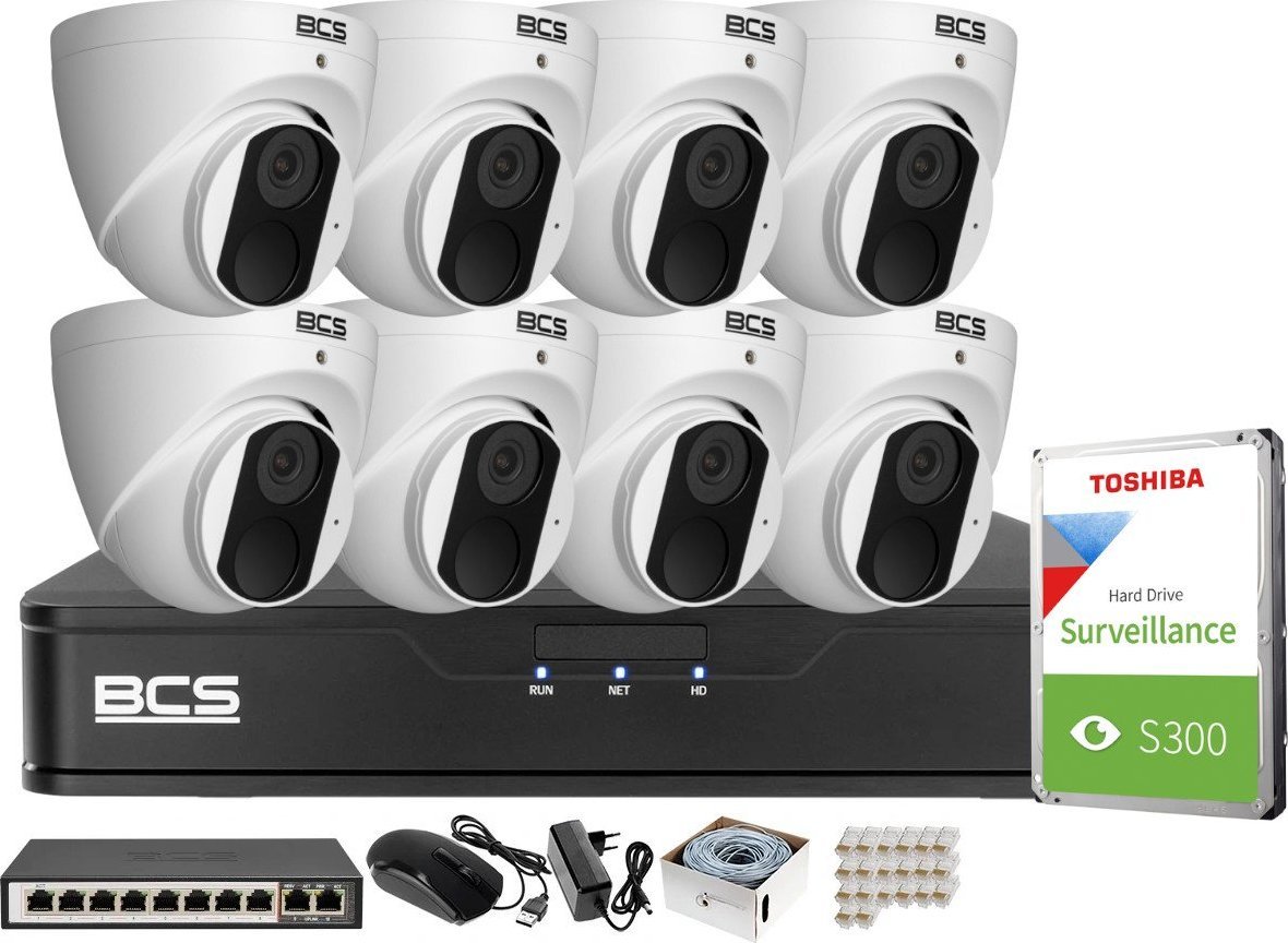 BCS Zestaw do monitoringu Rejestrator BCS-P-NVR0801-4K-E-II Kamery 8x BCS-P-EIP15FSR3 5Mpx