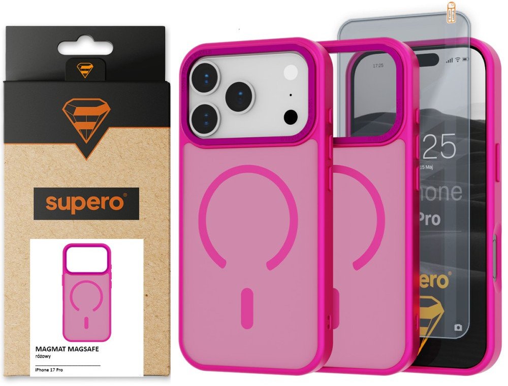 Etui matowe Supero Magmat MagSafe do iPhone 17 Pro, różowe + szkło