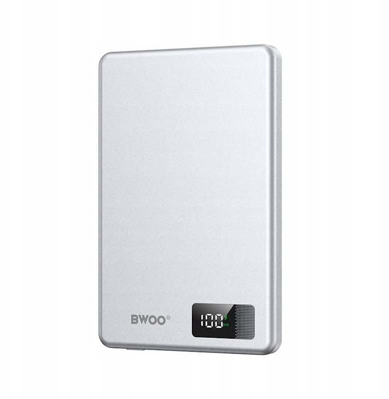 BWOO ultracienki power bank magnetyczny P75 PD 20W 5000 mAh w aluminiowej obudowie z wyświetlaczem i portem USB-C srebrny