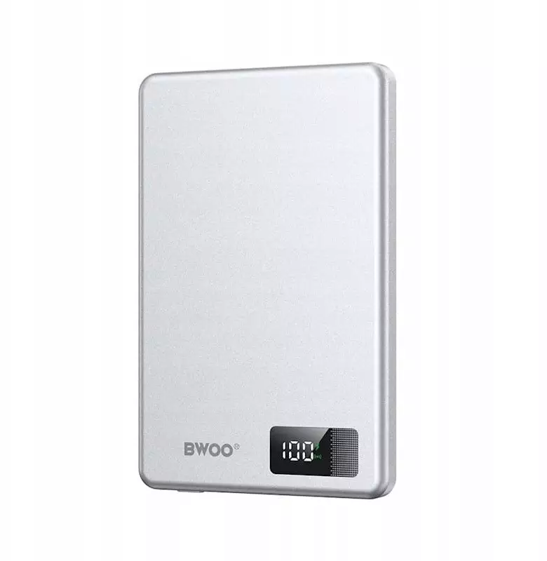 BWOO ultracienki power bank magnetyczny P75 PD 20W 5000 mAh w aluminiowej obudowie z wyświetlaczem i portem USB-C srebrny