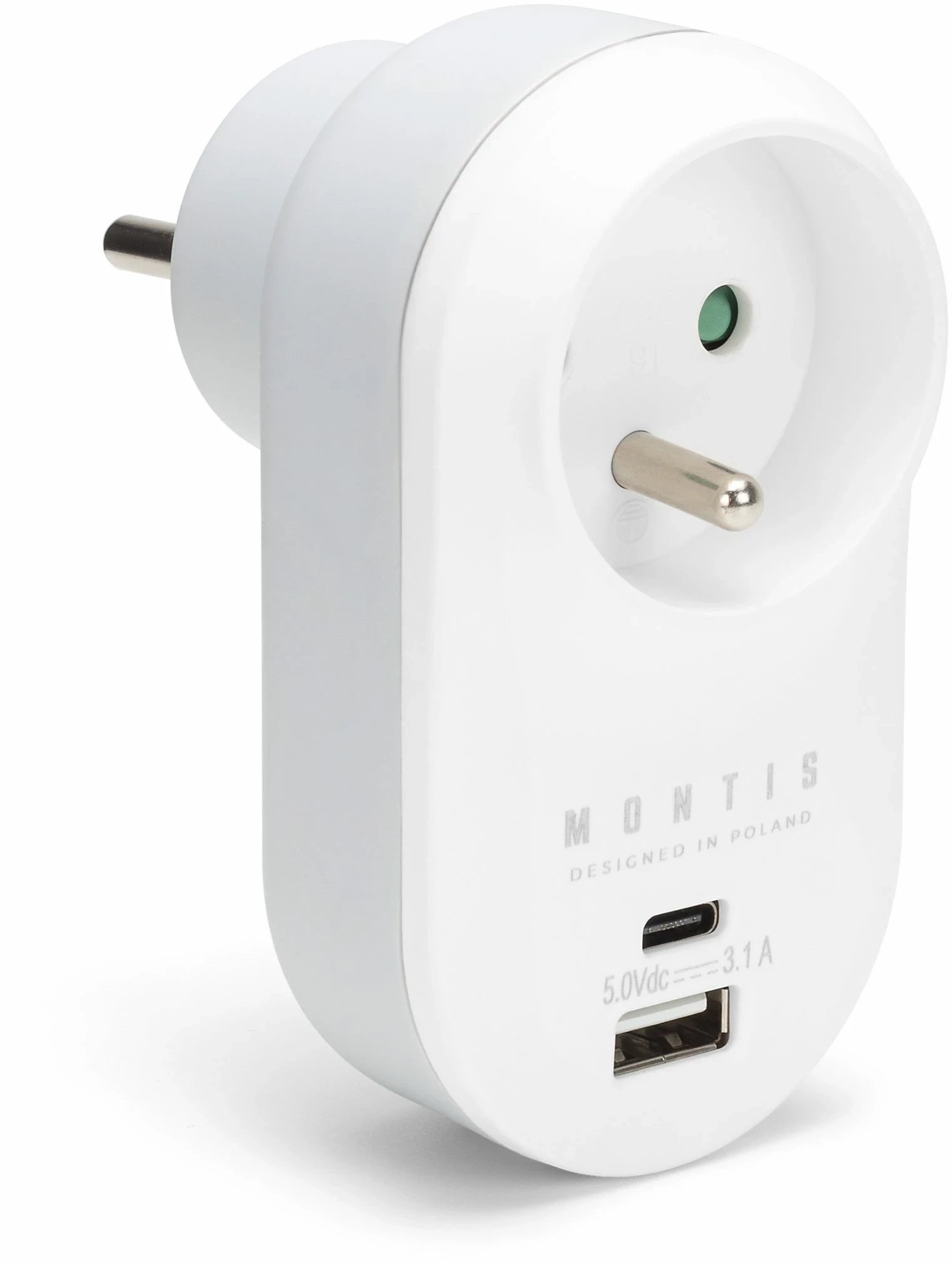 Rozgałęźnik sieciowy pojedynczy + USB-A + USB-C MONTIS MT147 biało-szary