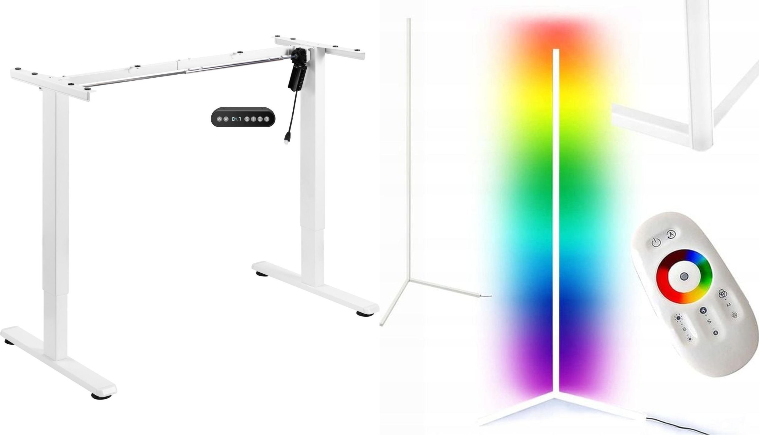 Mozos Mozos Stelaż do biurka biały z elektryczną regulacją wysokości BIAŁY + Lampa podłogowa narożna LC-RGB LED biała