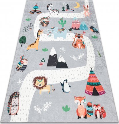 Dywany Łuszczów Dywan do prania BAMBINO 2160 Uliczki, wioska indiańska, zwierzęta dla dzieci, antypoślizgowy - szary, 80x150 cm