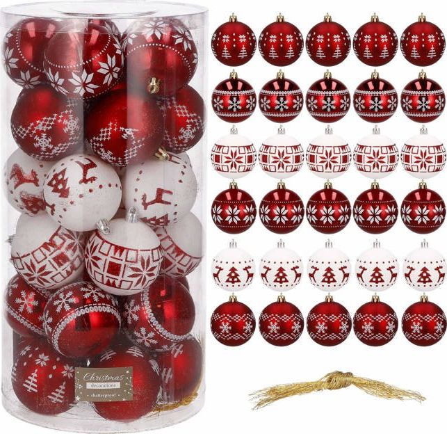 Springos Bombki choinkowe 30 szt. ozdoby świąteczne zestaw 7cm biało-czerwone UNIWERSALNY
