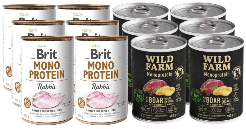 BRIT MONO PROTEIN RABBIT + WILD FARM Monoprotein Wild Boar 12x400g
