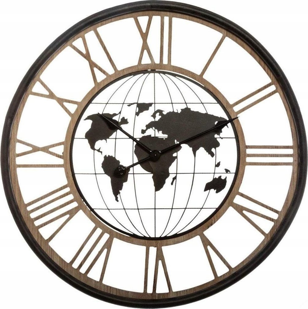 Atmosphera Zegar na ścianę z mapą świata i rzymskimi cyframi, cichy mechanizm, Ø 67 cm