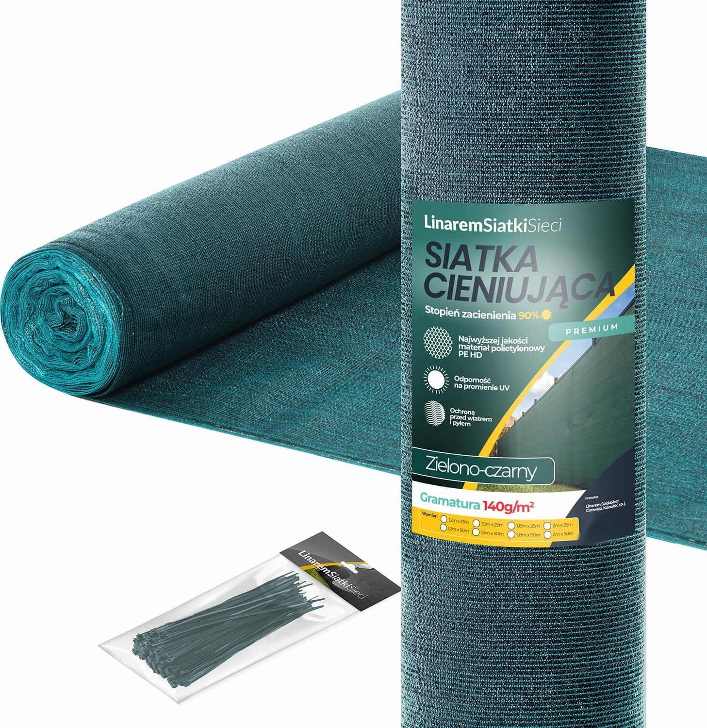 Linarem SiatkiSieci SIATKA CIENIUJĄCA 1,5x25 MASKUJĄCA 90% OSŁONA NA OGRODZENIE ZIELONO-CZARNA