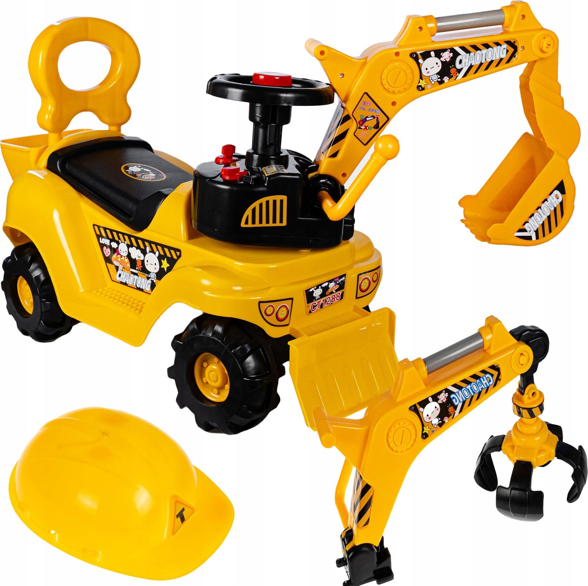 Mega Jeździk Koparka Pchacz Z Łyżką I Chwytakiem Dla Dzieci 3W1 Kierownica