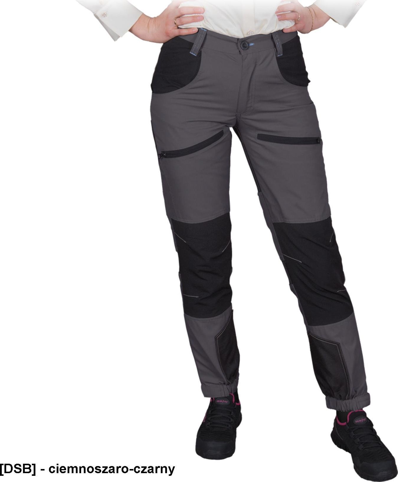 R.E.I.S. HOBBER-L - damskie spodnie ochronne do pasa HOBBER, 6 kieszeni, guma tył pasa, ściągacze dół nogawek rzep zapięcie, - ciemnoszaro-czarny 38