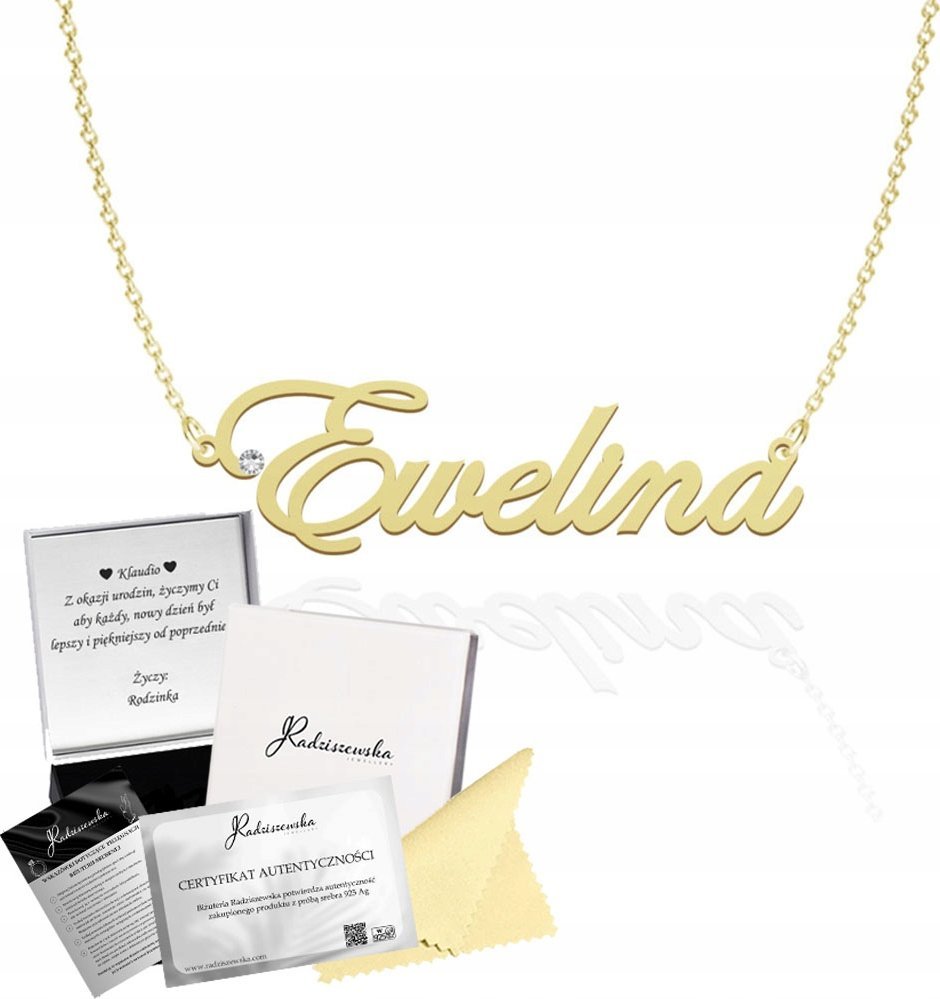 Radziszewska Jewellery Złoty Naszyjnik z imieniem EWELINA Łańcuszek SREBRO 925 Prezent DEDYKACJA