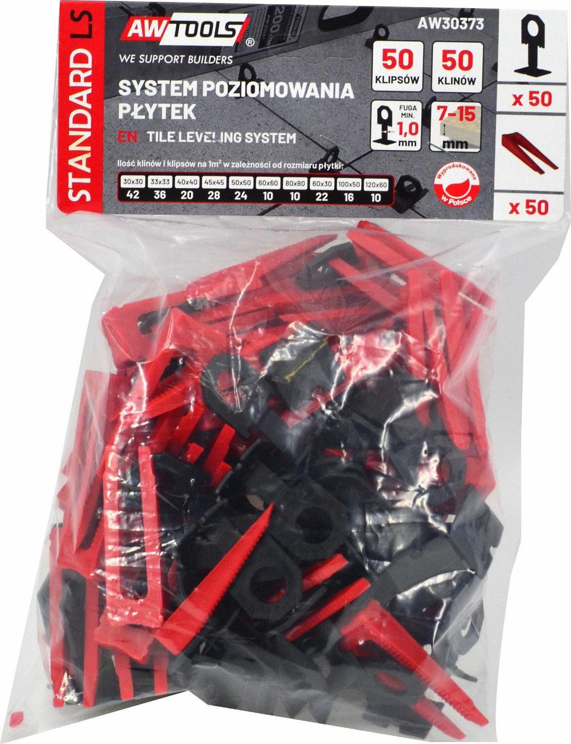 AWTools AWTOOLS SYSTEM POZIOMOWANIA PŁYTEK STANDARD 1,0mm - 7-15mm - KLIPS 50szt. + KLIN 50szt. AW30373