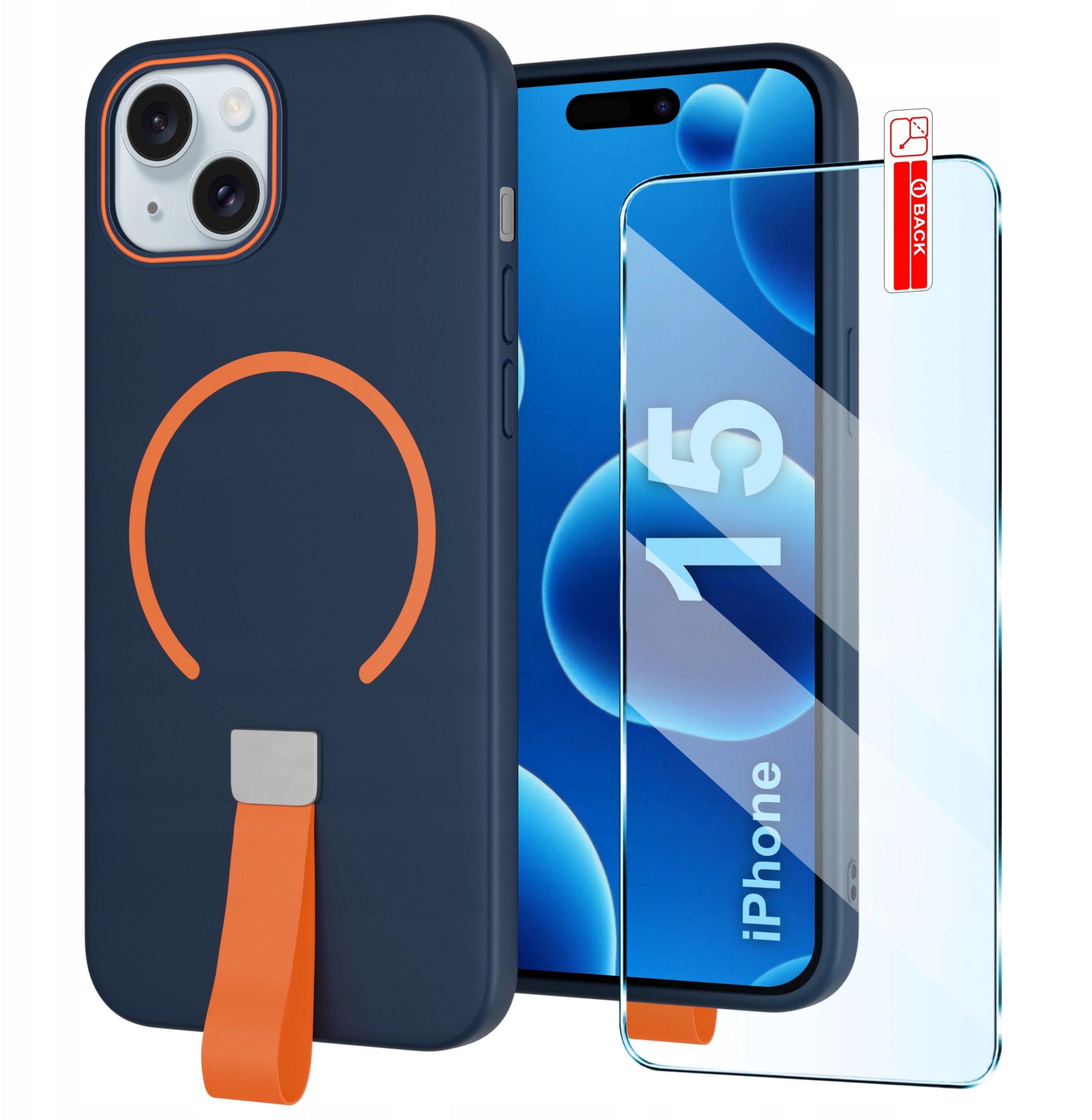 Etui z Paskiem na palec Matowe GRANATOWE do iPhone 15 |do MagSafe +Szkło